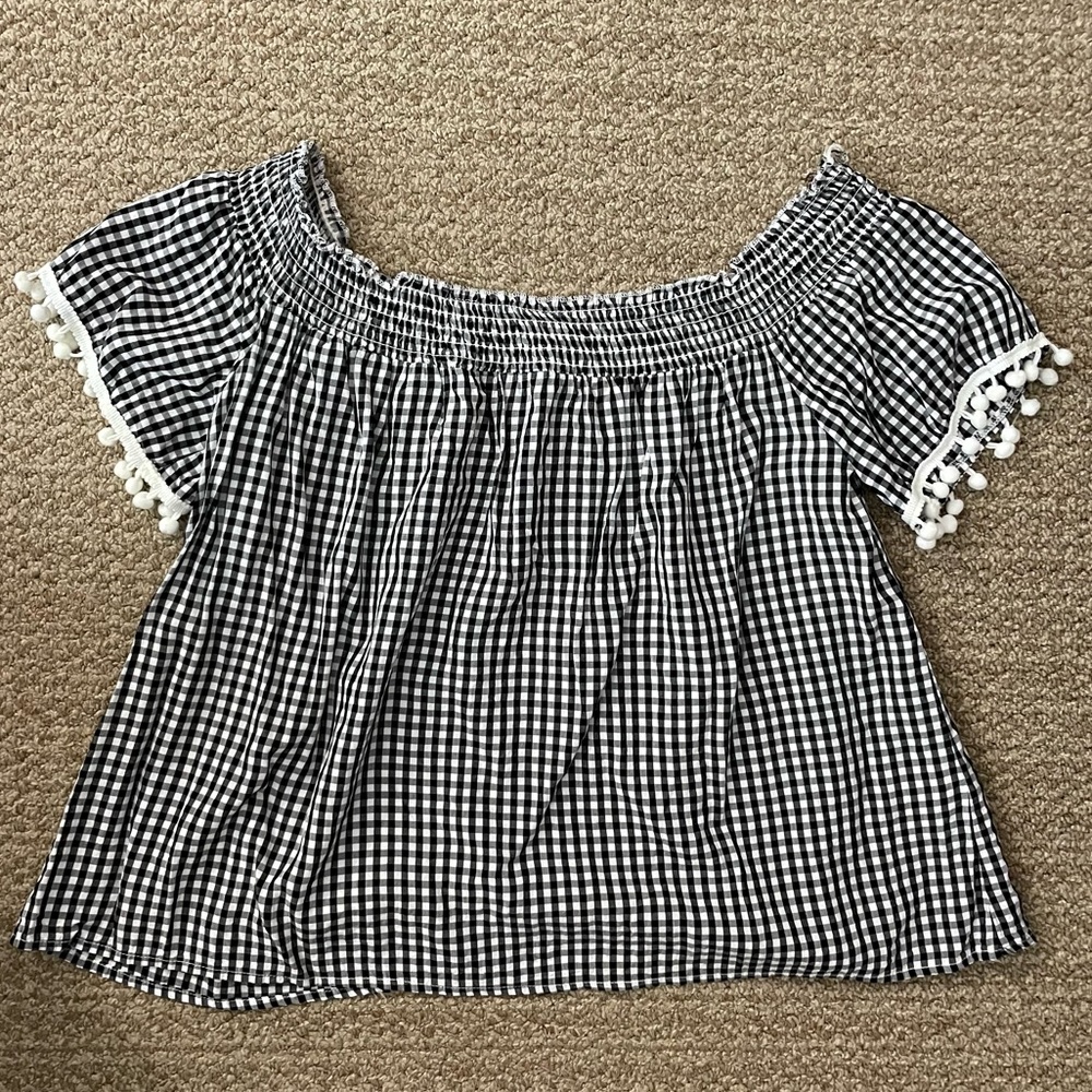 Love, Fire Gingham Smocked Off the Shoulder Top with Pompom Trim Size M